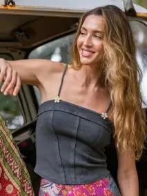 Daisy Ribbed Tank - Charcoal