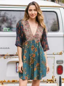 Stella V-Neck Mini Dress - Grey Navy Mixed Floral