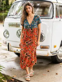 Avery Midi Dress - Teal Orange Mixed Floral