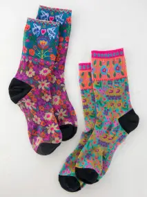 Printed Weekend Sock Set. Set of 2 - Eggplant Birds