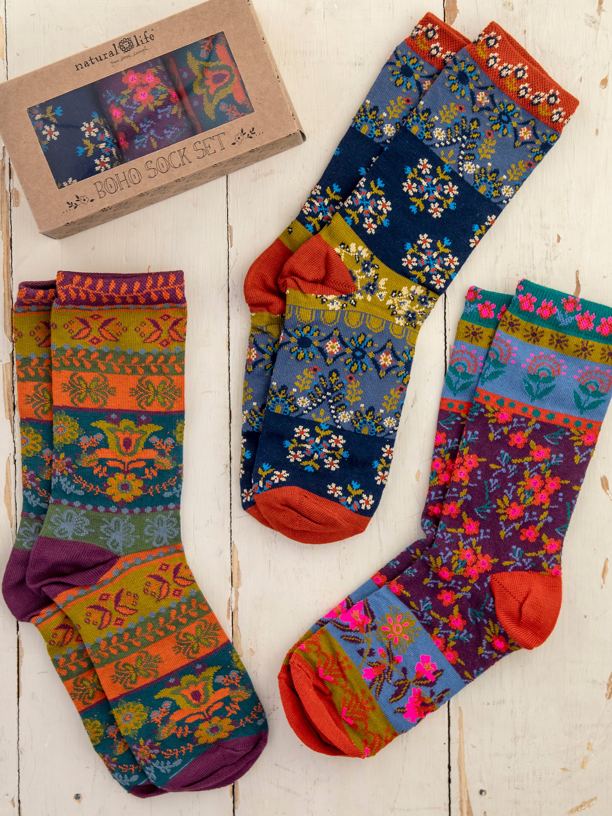 Boxed Boho Sock Set. Set of 3 - Plum Floral