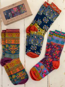 Boxed Boho Sock Set. Set of 3 - Plum Floral