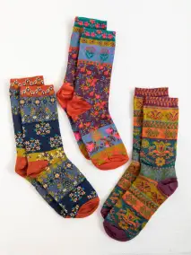 Boxed Boho Sock Set. Set of 3 - Plum Floral(One Size)