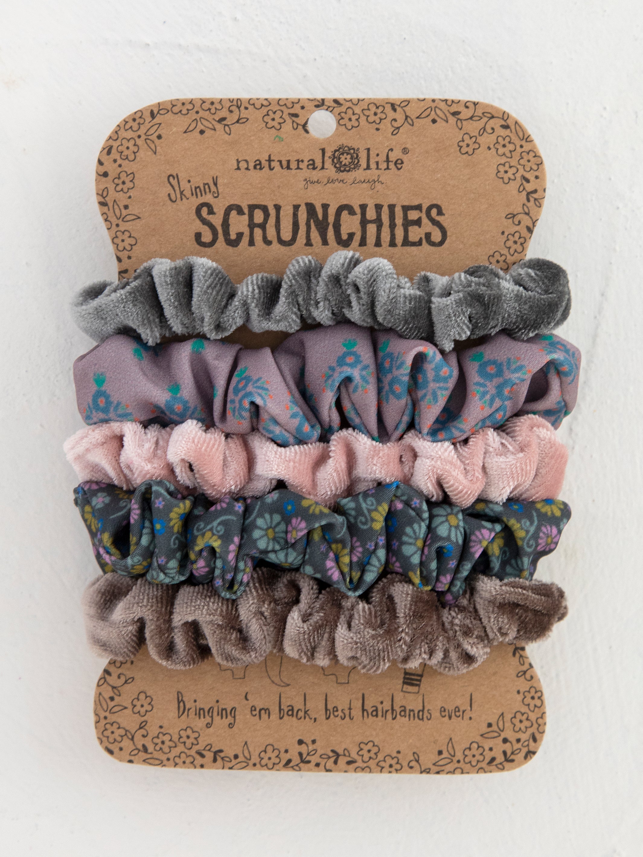 Print and Velvet Scrunchies. Set of 5 - Grey