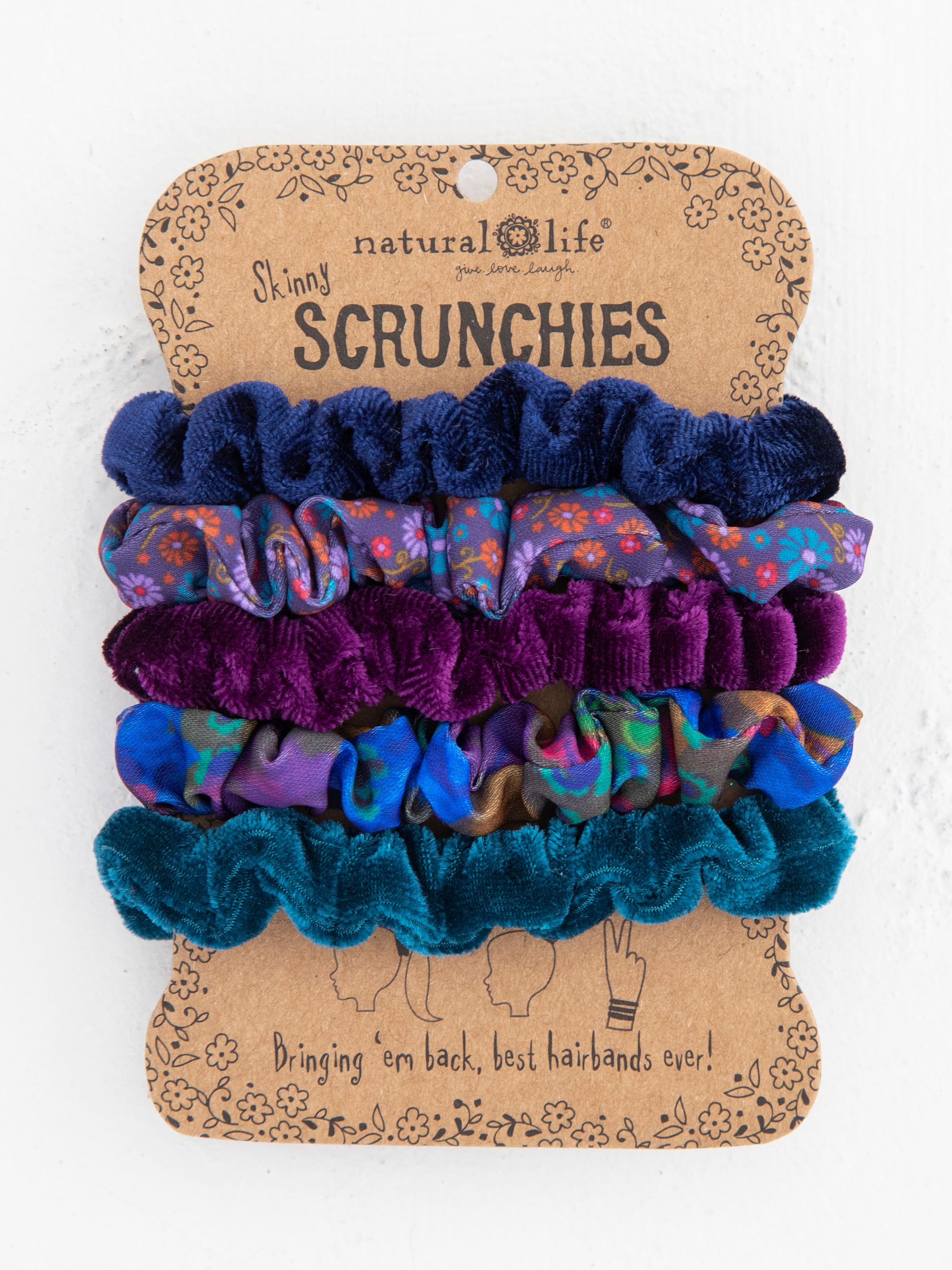 Print and Velvet Scrunchies. Set of 5 - Navy