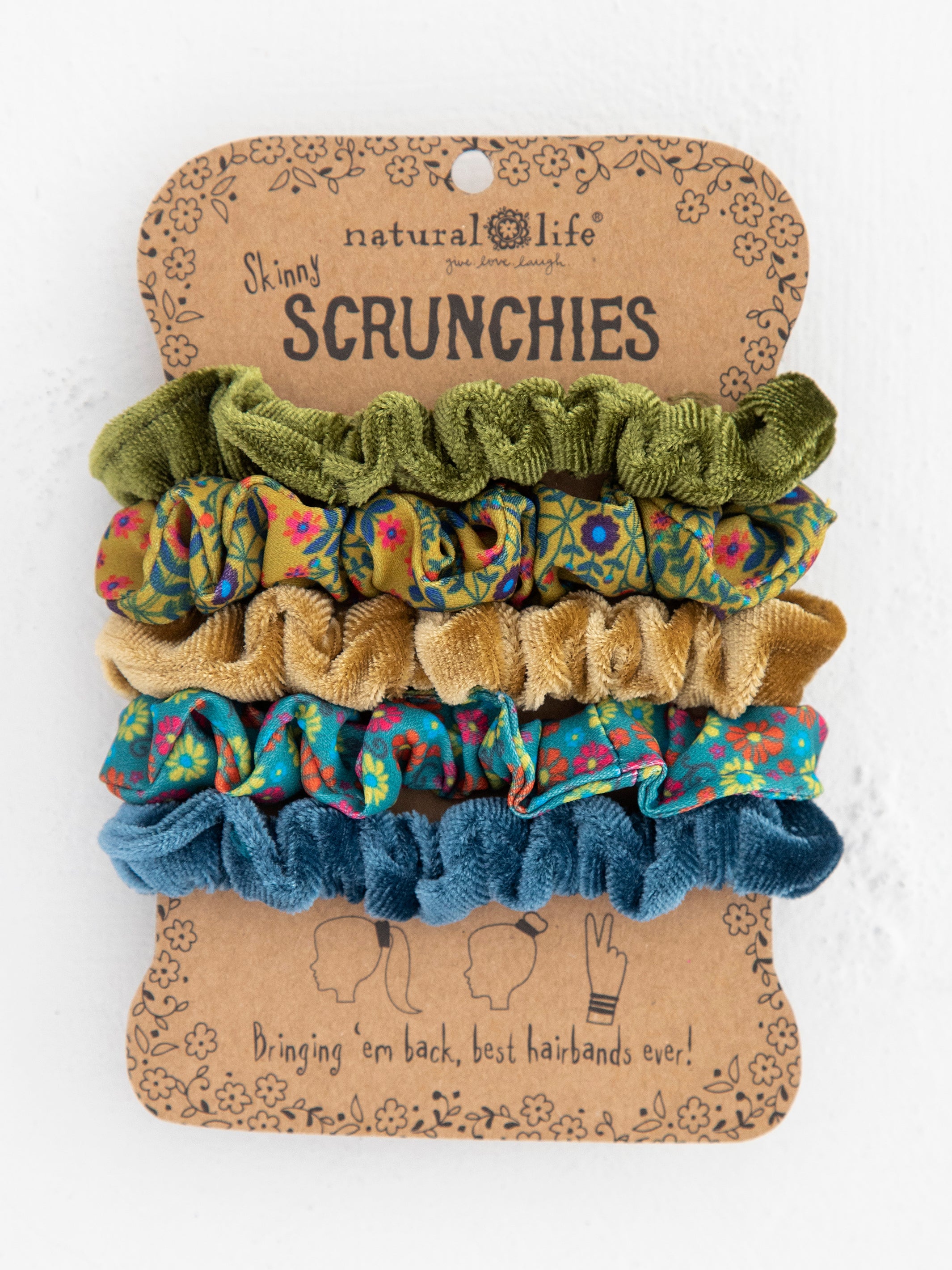 Print and Velvet Scrunchies. Set of 5 - Sage