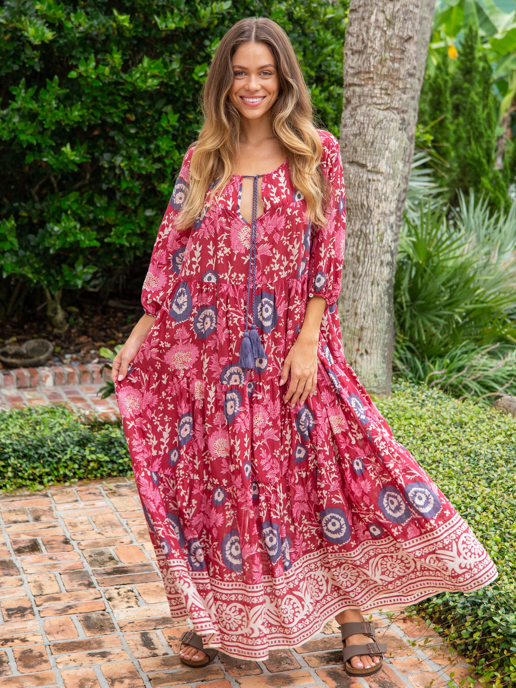 Auguste Cotton Maxi Dress - Red Pink Floral
