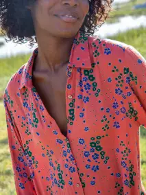 Georgia Shirt Dress - Red Green Floral Cotton Gauze(XS)