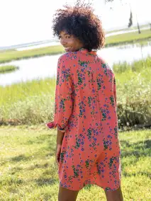 Georgia Shirt Dress - Red Green Floral Cotton Gauze(XS)