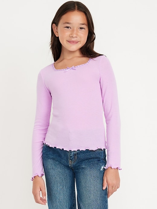 Long-Sleeve Square-Neck Ribbon-Bow Top for Girls