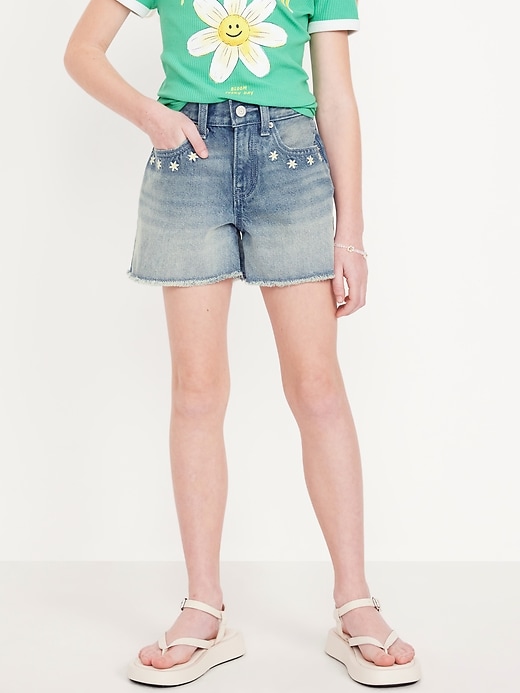 High-Waisted Embroidered Frayed-Hem Jean Shorts for Girls