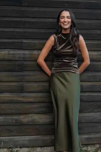 Nellie Satin Midi Skirt - Olive(XS)
