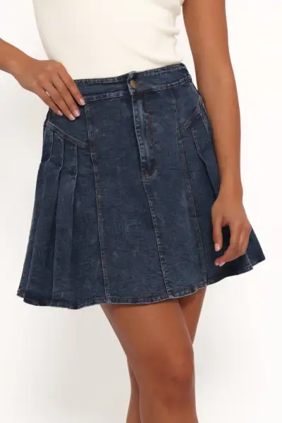 Alek Pleated Mini Skirt - Mid Wash Denim(XS)