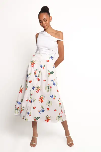 Geneva Midi Skirt - Off White Red(XS)