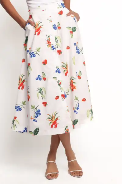 Geneva Midi Skirt - Off White Red(XS)