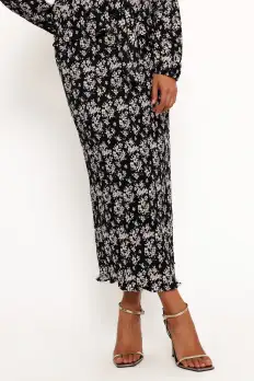 Minelli Pleat Midi Skirt - Black/White Floral(XS)