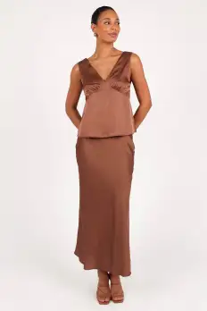 Nellie Satin Midi Skirt - Banksia Brown(XS)