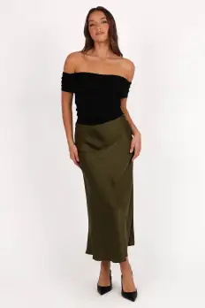Nellie Satin Midi Skirt - Olive(XS)