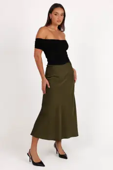 Nellie Satin Midi Skirt - Olive(XS)