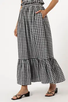 Bambi Tiered Midi Skirt - Black Gingham(XS)