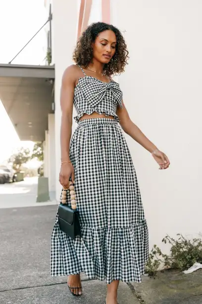 Bambi Tiered Midi Skirt - Black Gingham(XS)