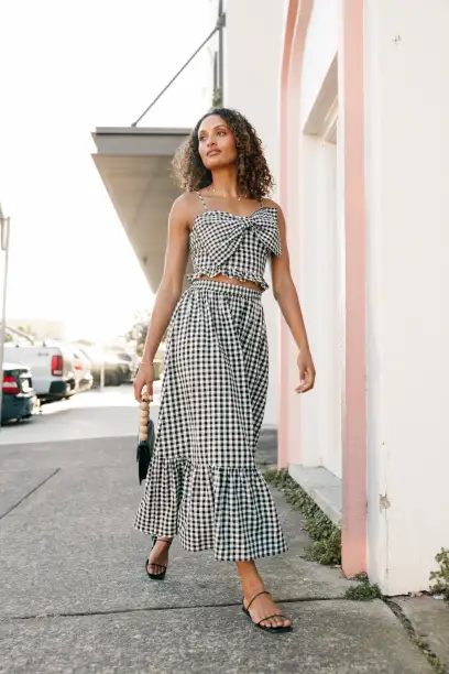 Bambi Tiered Midi Skirt - Black Gingham(XS)