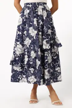 Josephine Tiered Midi Skirt - Navy(S)