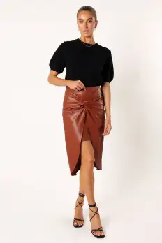 Kristy Vegan Leather Skirt - Brown(S)