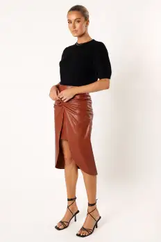 Kristy Vegan Leather Skirt - Brown(S)