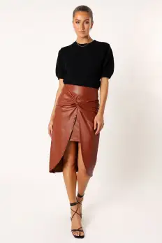 Kristy Vegan Leather Skirt - Brown(S)