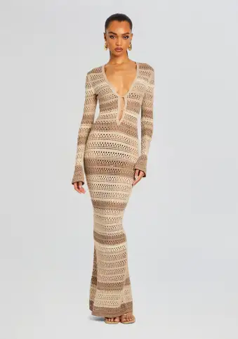 Lilith Knit Crochet Maxi Dress(Beige Stripe,XXS)