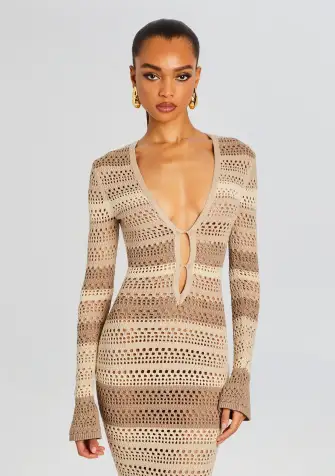 Lilith Knit Crochet Maxi Dress(Beige Stripe,XXS)