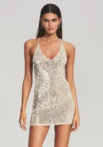 Elliana Sequin Crochet Dress(Ivory Gold Silver,XS/S)