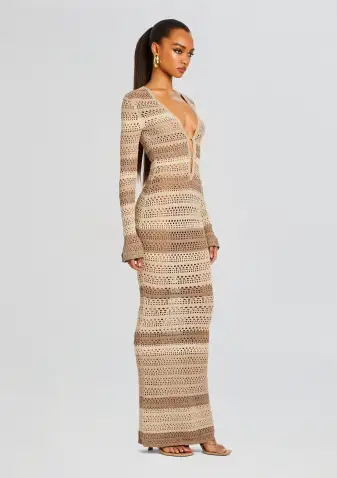 Lilith Knit Crochet Maxi Dress(Beige Stripe,XXS)