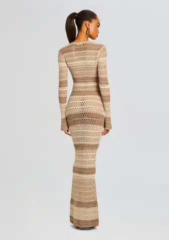 Lilith Knit Crochet Maxi Dress(Beige Stripe,XXS)
