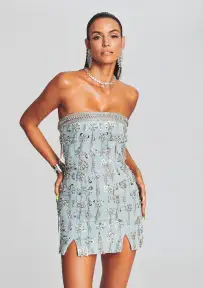 Linez Embellished Denim Dress(Light Wash Denim,XXS)
