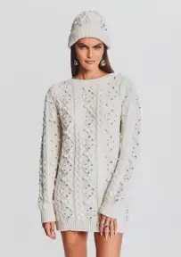 Evia Embellished Knit Hat - Ivory