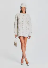 Evia Embellished Knit Hat - Ivory