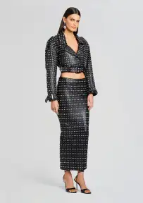 Whitley Embellished Leather Skirt(Black,XXS)