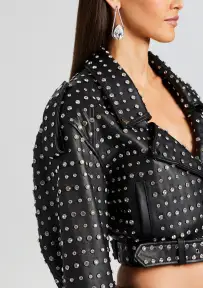 Mora Embellished Leather Jacket(Black,XXS)