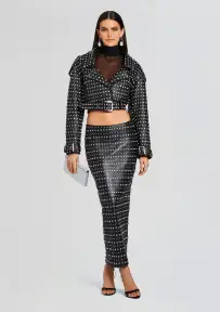 Whitley Embellished Leather Skirt(Black,XXS)