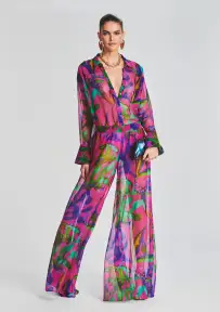 Zeca Silk Chiffon Pant(Tropical Leaf,XXS)
