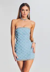 Hazel Embellished Denim Dress(Blue/Silver,XXS)