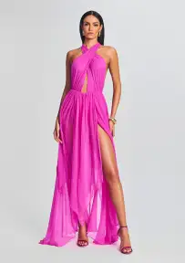 Ina Silk Chiffon Dress(Neon Pink,XXS)