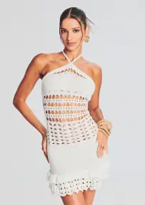 Eze Crochet Pearl Embellished Dress(White,XXS)