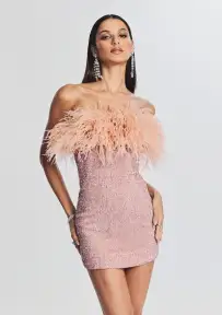 Torin Sequin Feather Dress(Dusty Peach,XXS)