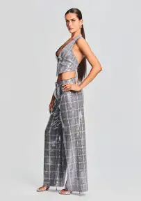 Fleur Sequin Pant(Grey Plaid,XXS)