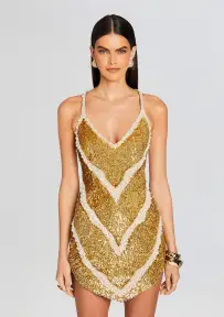 Inessa Feather Sequin Dress(Gold/White,XXS)
