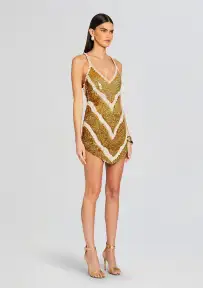 Inessa Feather Sequin Dress(Gold/White,XXS)