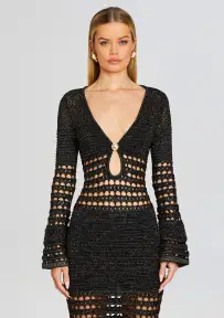 Elvana Knit Crochet Dress(Black/Gold,XXS)